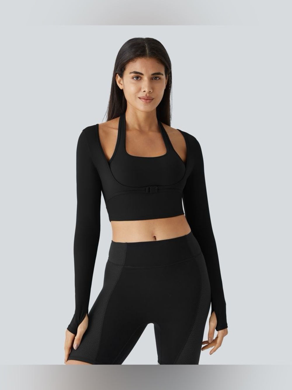 Halara SoftlyZero™ Plush Halter Thumb Hole Long Sleeve Cropped 2-in-1 Yoga Sport